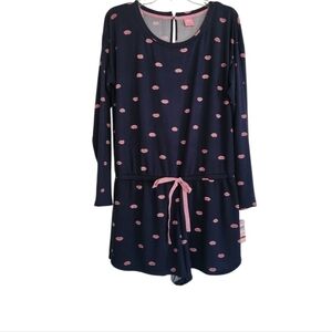 Navy Blue Pajama Romper with Pink Lips Pattern Sz Large Nwt